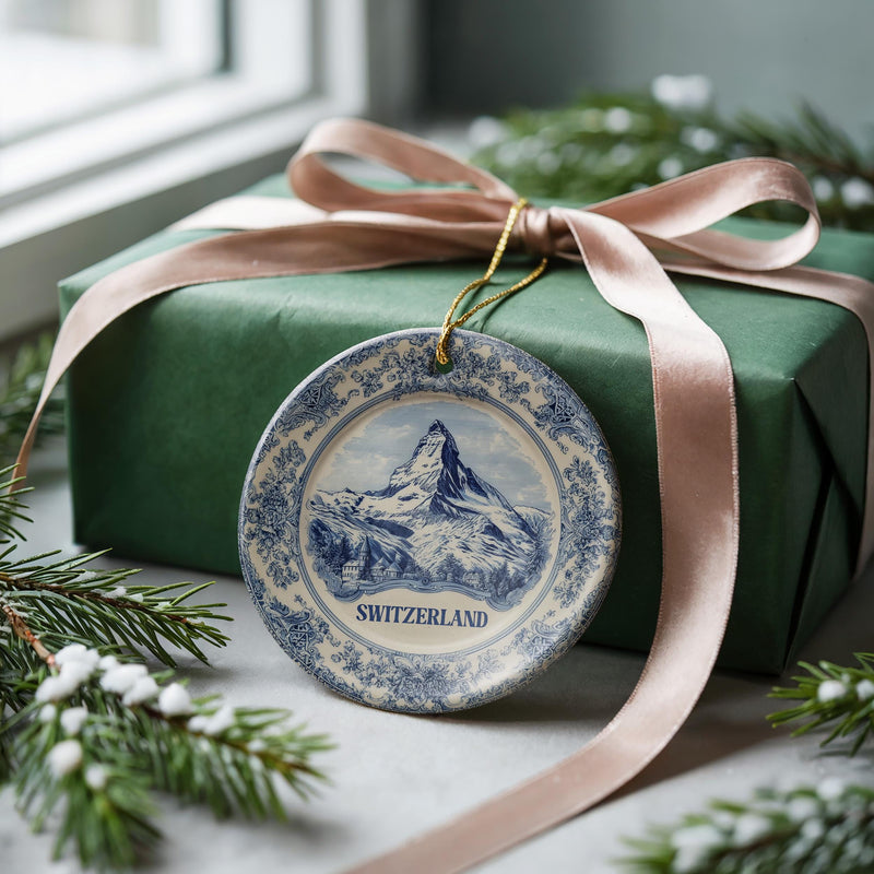 Switzerland Ornament, Custom Christmas Keepsake, Ceramic Blue White Travel Souvenir