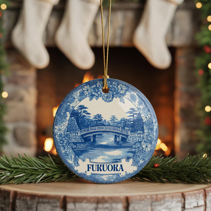 Custom Fukuoka Japan Ceramic Delft Ornament, Christmas Delftware Blue city travel