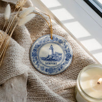 Custom Newport Rhode Island Ceramic Delft Ornament, Christmas Delftware Blue white city travel