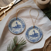 Custom Newport Rhode Island Ceramic Delft Ornament, Christmas Delftware Blue white city travel