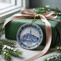 Custom Rovinj Croatia Ceramic Delft Ornament, Christmas Delftware Blue white city travel