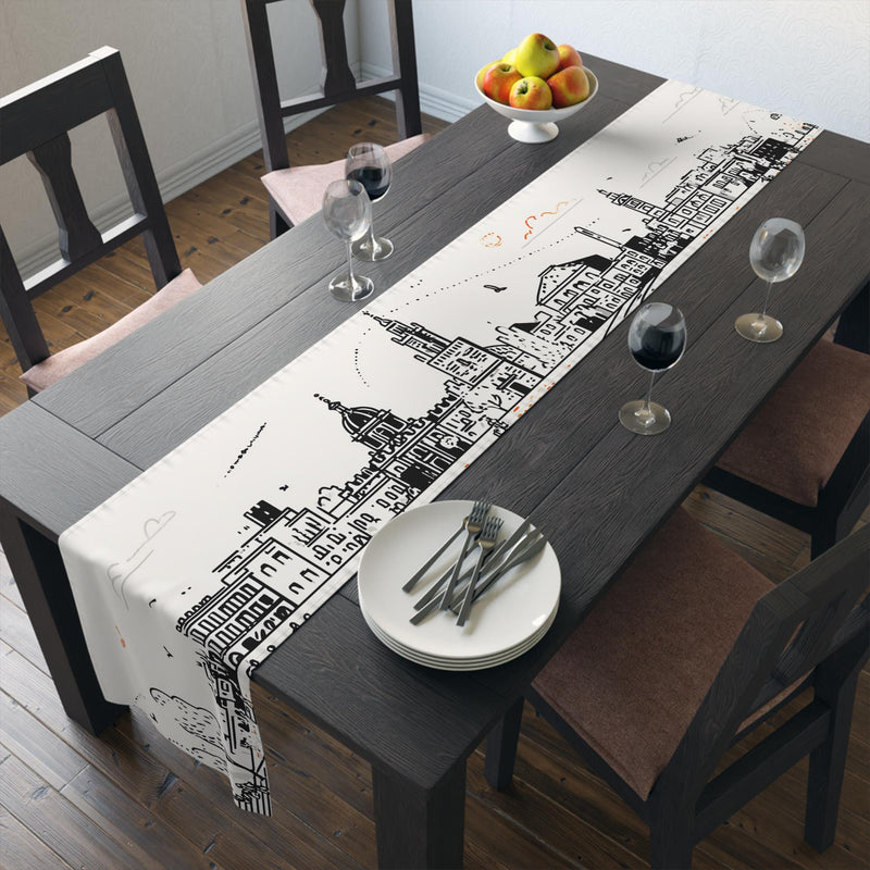 Seville Spain Table Runner, Doodle Skyline, Minimal Line Art Tablecloth