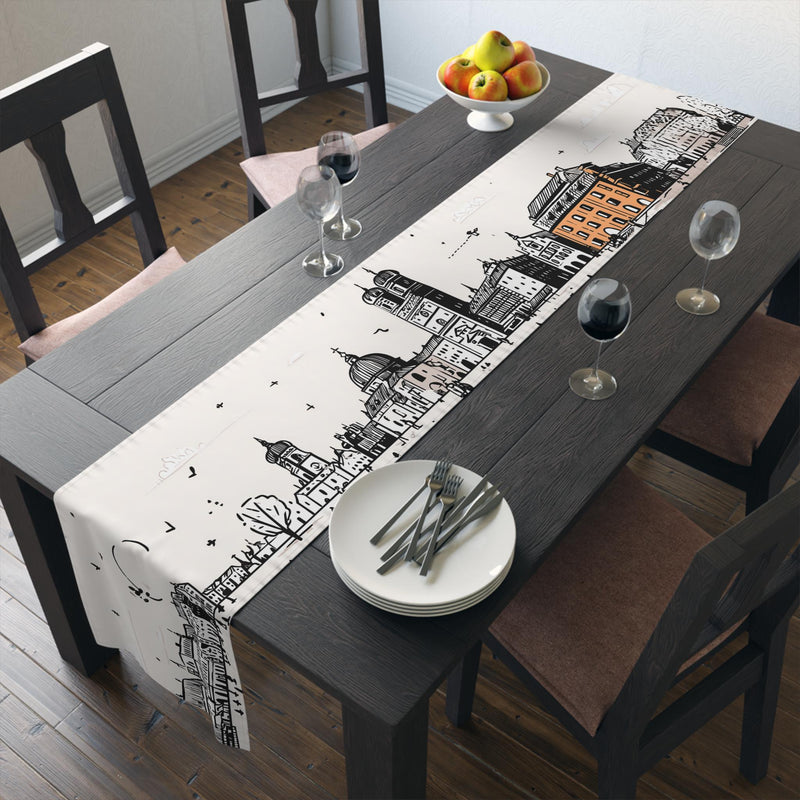 Munich Germany Table Runner, Doodle Skyline, Minimal Line Art Tablecloth