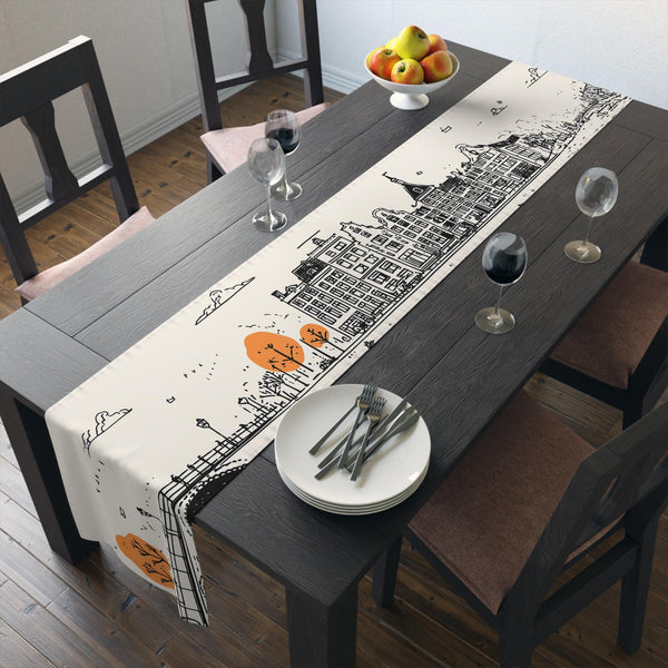 Amsterdam Netherlands Table Runner, Doodle Skyline, Minimal Line Art Tablecloth