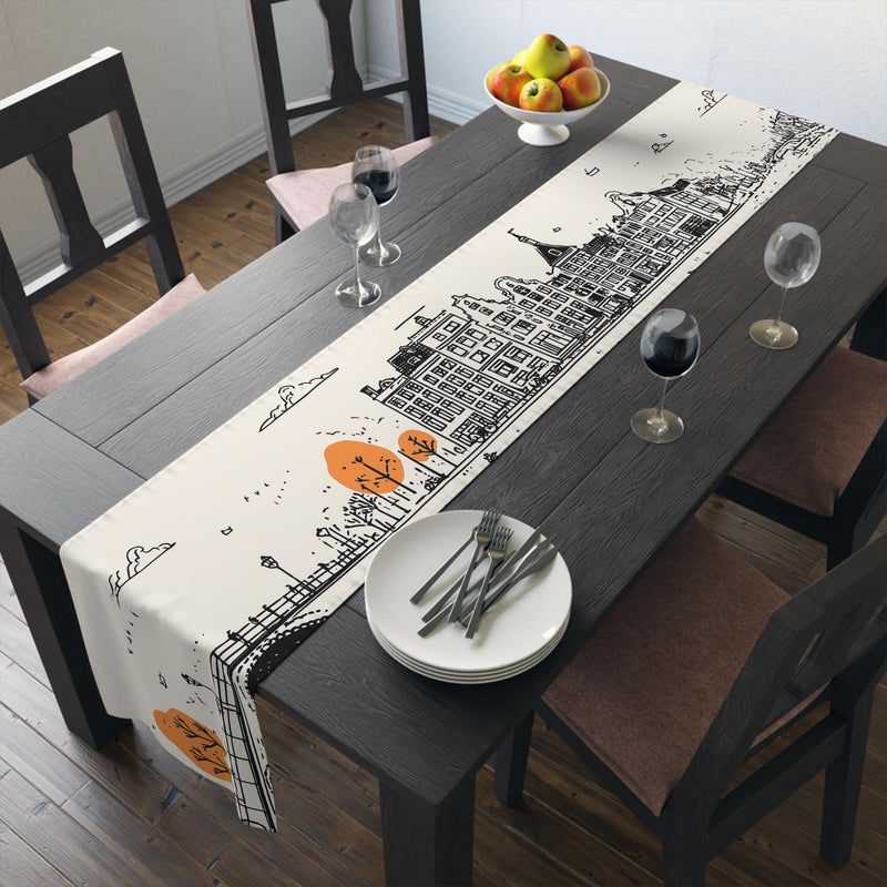 Amsterdam Netherlands Table Runner, Doodle Skyline, Minimal Line Art Tablecloth