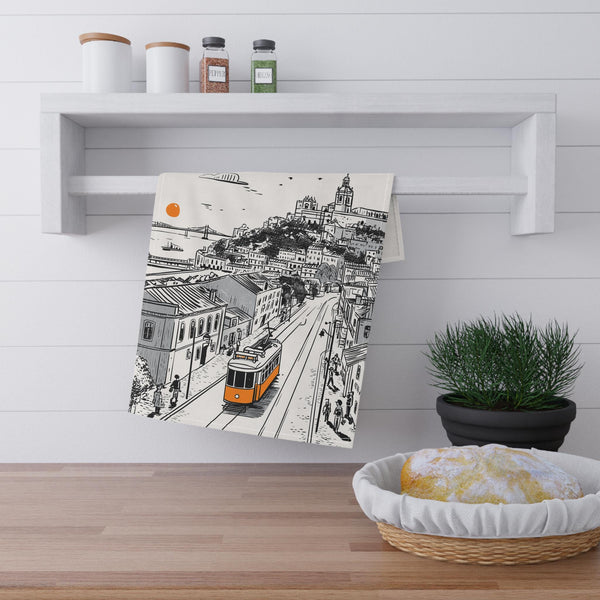 Lisbon Portugal Tea Towel, Vintage Doodle Cotton Kitchen Decor Portuguese Gift