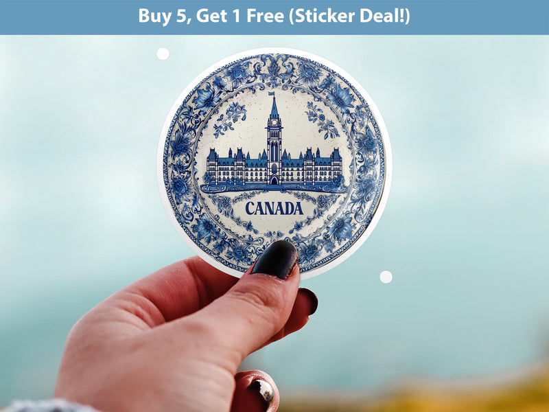 Canada Sticker Vintage Delft style Vinyl, Delftware Decal Waterproof, Blue Country Travel Kindle Journal Sticker