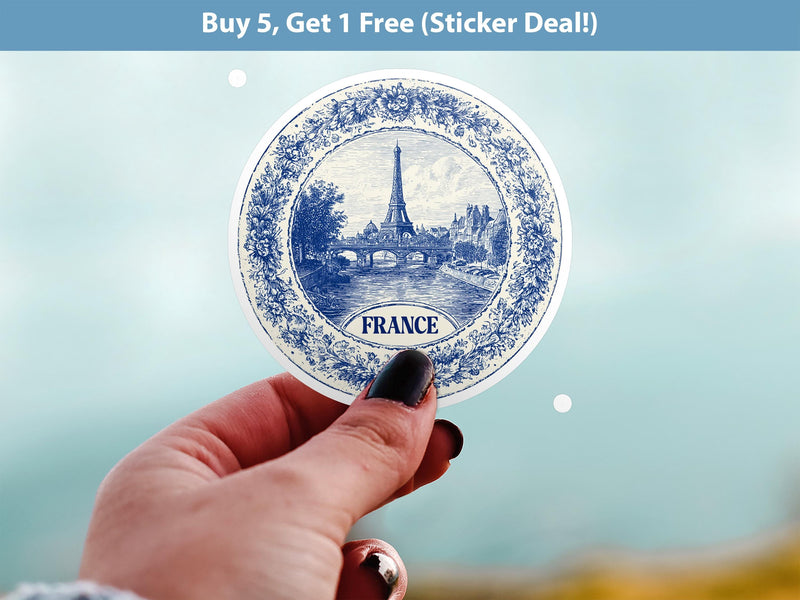 France Sticker Vintage Delft style Vinyl, Delftware Decal Waterproof, Blue Country Travel Kindle Journal Sticker