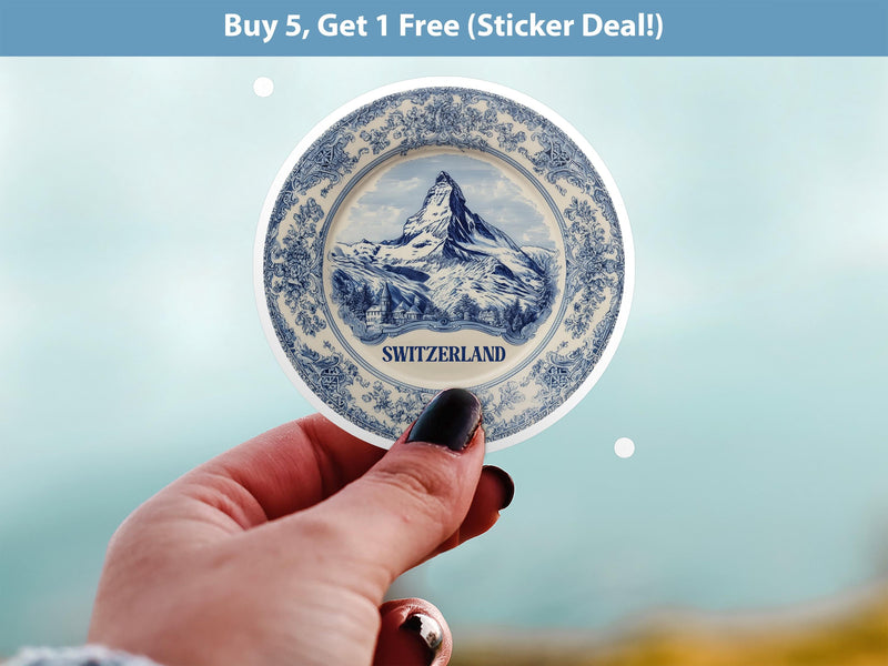 Switzerland Sticker Vintage Delft style Vinyl, Delftware Decal Waterproof, Blue Country Travel Kindle Journal Sticker