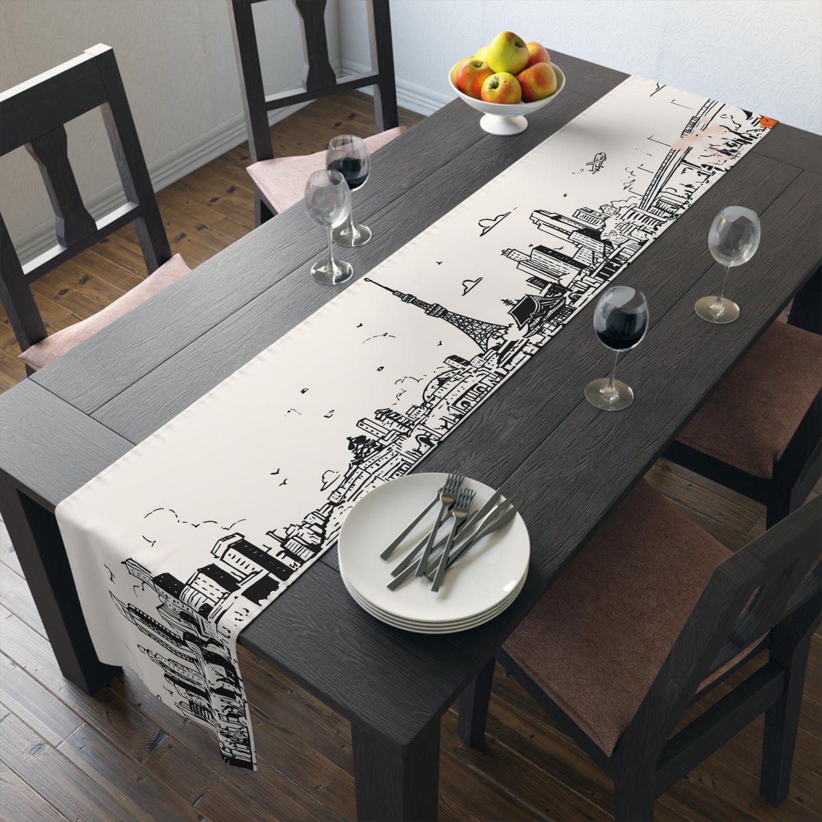Tokyo Japan Table Runner, Doodle Skyline, Minimal Line Art Tablecloth