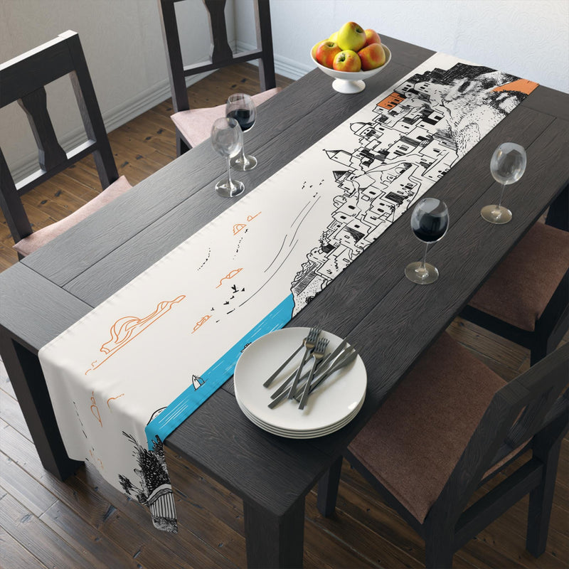 Santorini Greece Table Runner, Doodle Skyline, Minimal Line Art Tablecloth