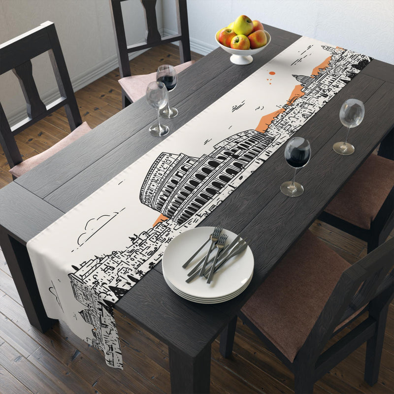 Rome Italy Table Runner, Doodle Skyline, Minimal Line Art Tablecloth
