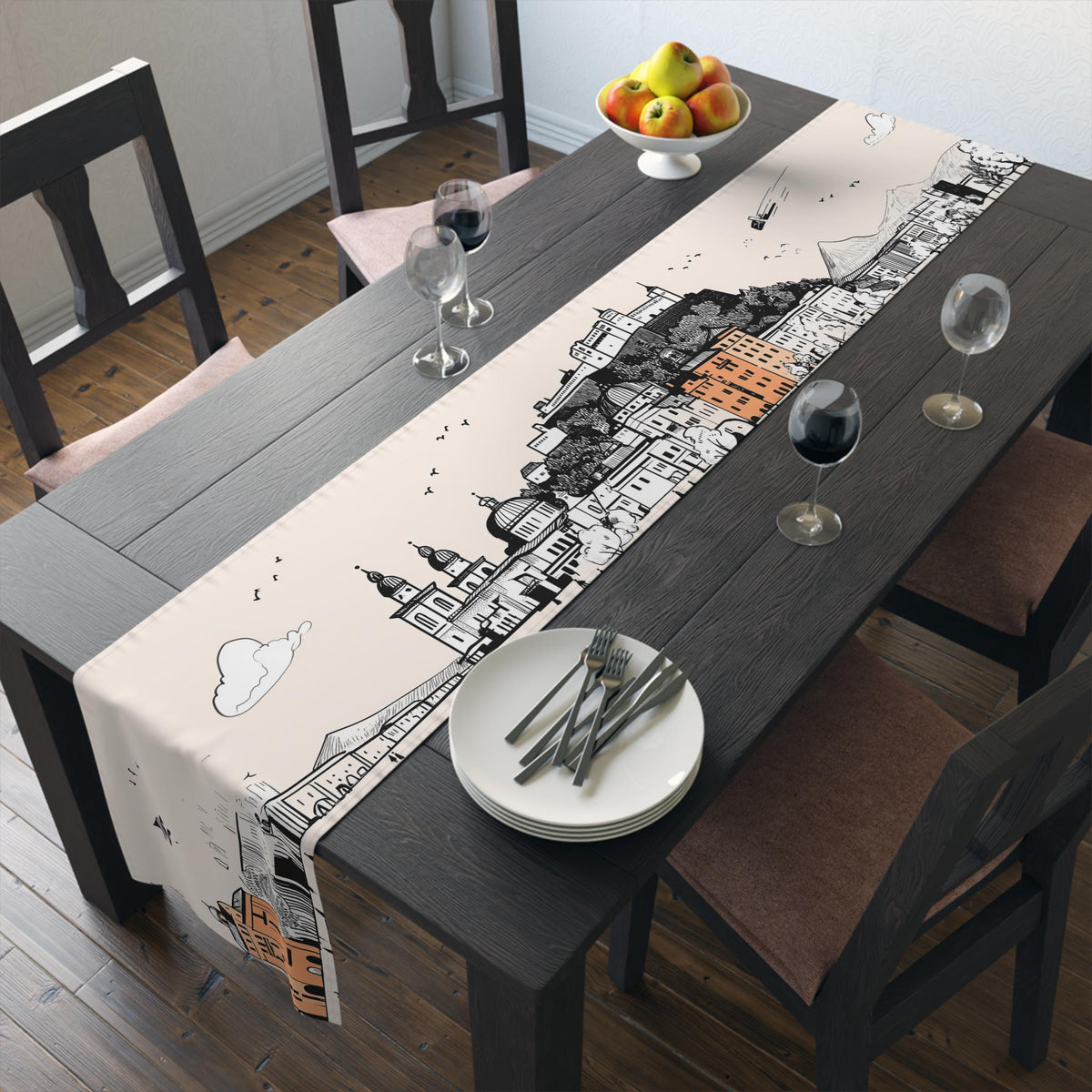 Salzburg Austria Table Runner, Doodle Skyline, Minimal Line Art Tablecloth