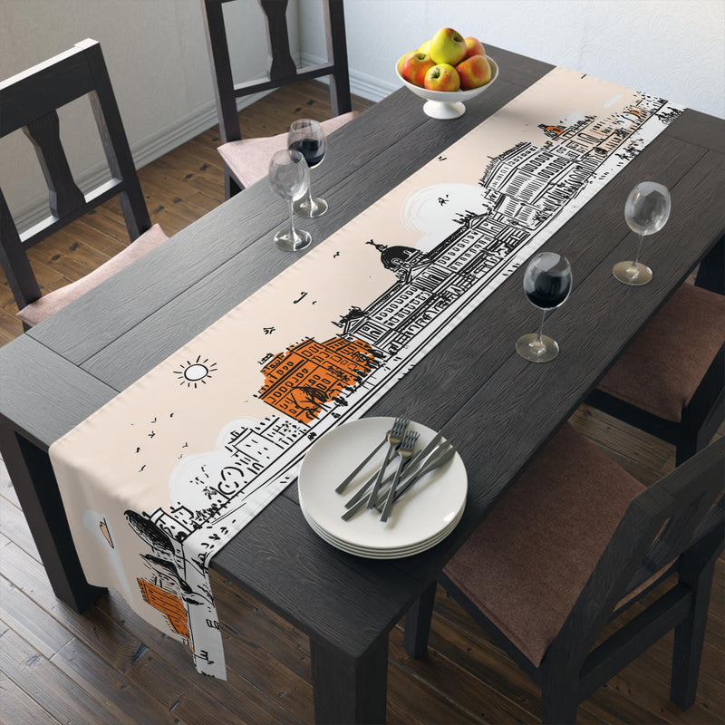 Madrid Spain Table Runner, Doodle Skyline, Minimal Line Art Tablecloth