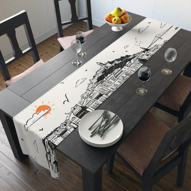 Lisbon Portugal Table Runner, Doodle Skyline, Minimal Line Art Tablecloth