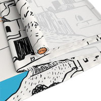 Santorini Greece Table Runner, Doodle Skyline, Minimal Line Art Tablecloth