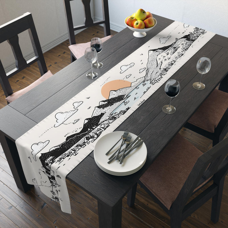 Interlaken Switzerland Table Runner, Doodle Skyline, Minimal Line Art Tablecloth