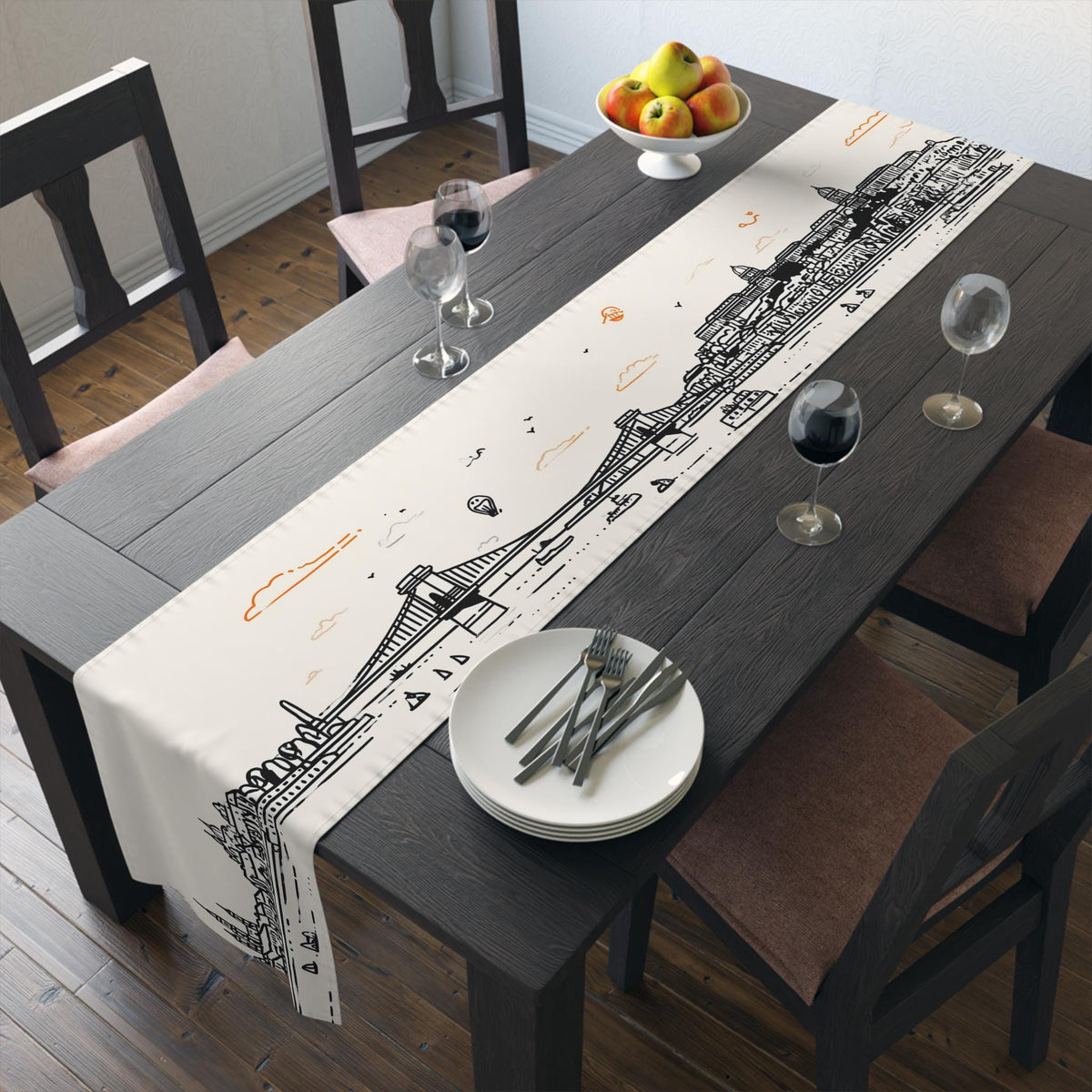 Budapest Hungary Table Runner, Doodle Skyline, Minimal Line Art Tablecloth