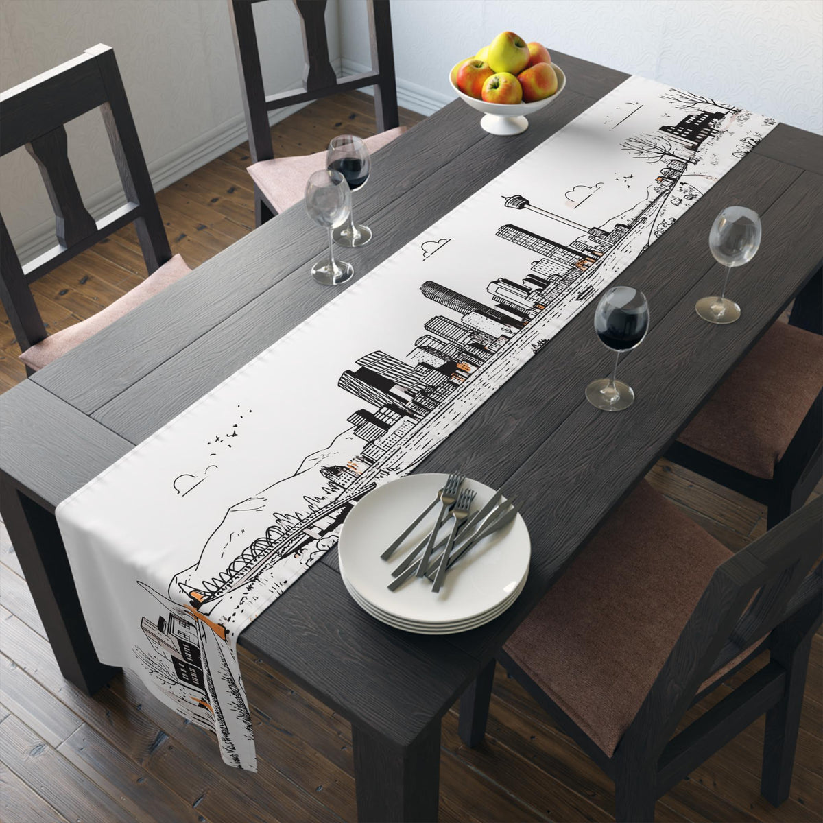 Calgary Canada Table Runner, Doodle Skyline, Minimal Line Art Tablecloth