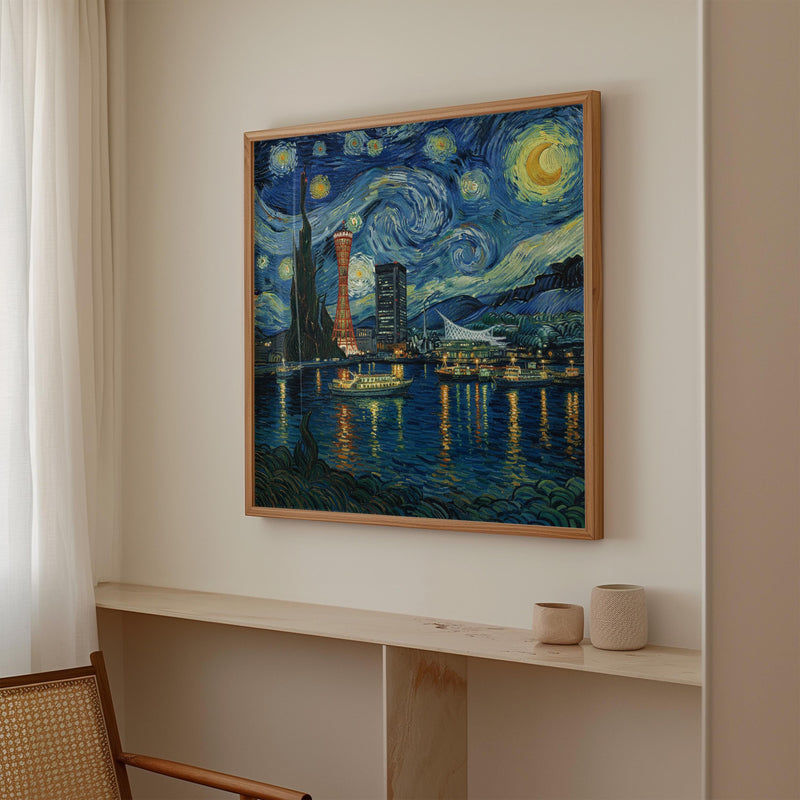 Kobe Japan Starry Night Wall Art, Print, Japanese Travel Gift Home Decor