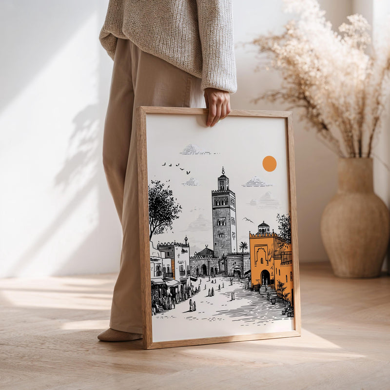 Marakesh Morocco Doodle Wall Art, Large Size Print Poster, Travel Gift Home Decor Canvas