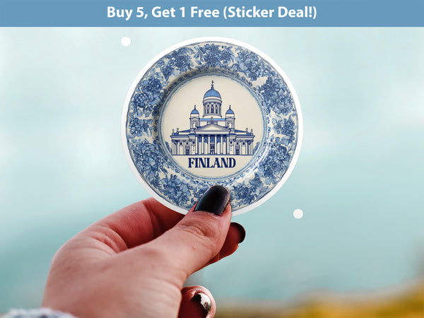 Finland Sticker Vintage Delft style Vinyl, Delftware Decal Waterproof, Blue Country Travel Kindle Journal Sticker
