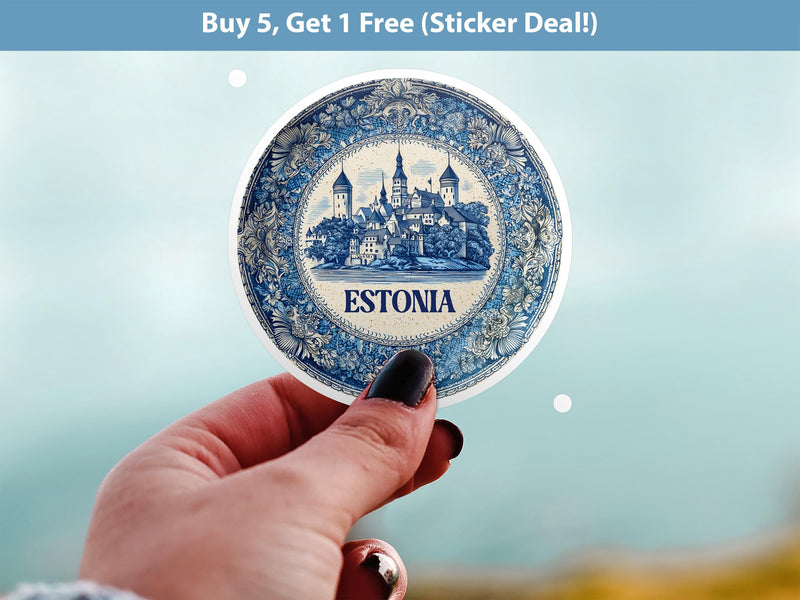 Estonia Sticker Vintage Delft style Vinyl, Delftware Decal Waterproof, Blue Country Travel Kindle Journal Sticker