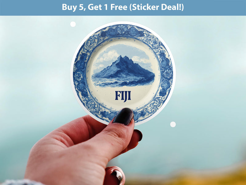 Fiji Sticker Vintage Delft style Vinyl, Delftware Decal Waterproof, Blue Country Travel Kindle Journal Sticker