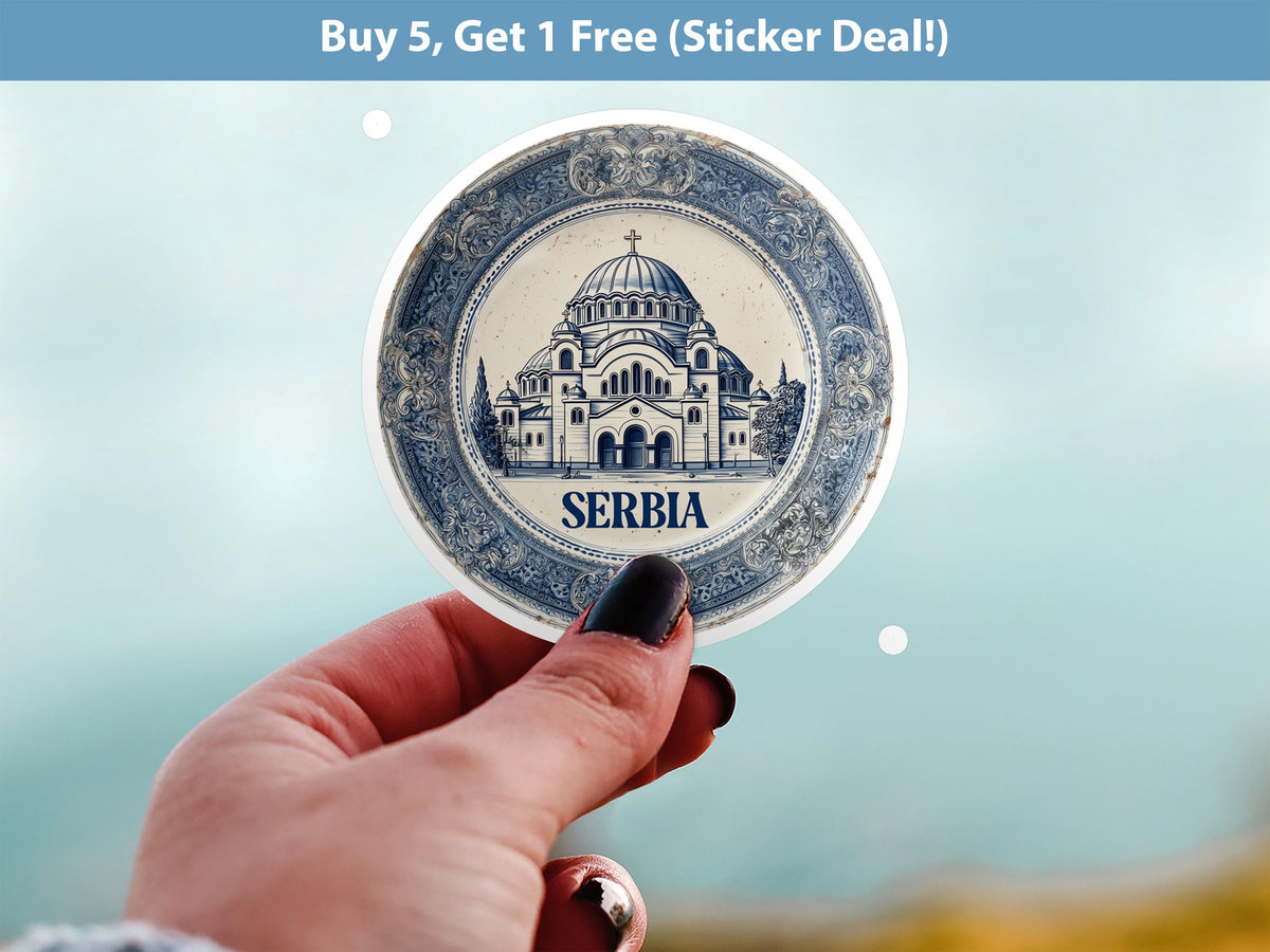 Serbia Sticker Vintage Delft style Vinyl, Delftware Decal Waterproof, Blue Country Travel Kindle Journal Sticker