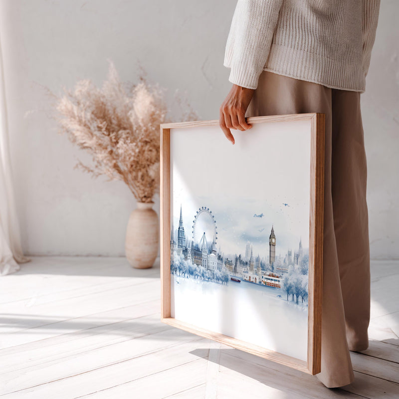 London Winter Wall Art Watercolor Poster, England Large Size Print Home Decor