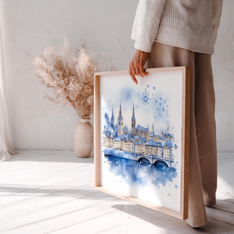 Zurich Winter Wall Art Watercolor Poster, Switzerland Large Size Print Home Decor