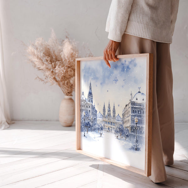 Vienna Winter Wall Art Watercolor Poster, Austria Large Size Print Home Decor