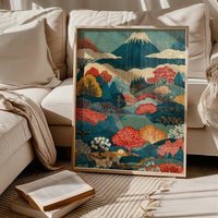 Mount Fuji Wall Art, Modern Japanese Landscape Painting, Colorful Canvas Print, Ukiyo-e Japandi Style