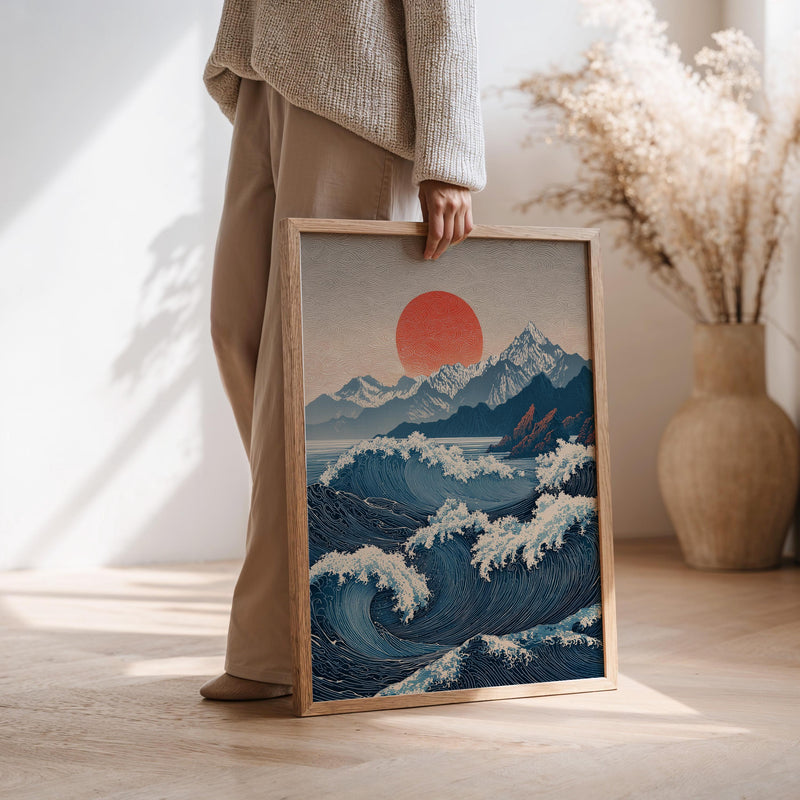 Sun & Waves Wall art, Japanese Ukiyo-e Ocean Landscape, Mount Fuji Wood Print