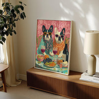French Bulldogs Wine Party Wall Art Print, Quirky Animal Retro Dining Room Kitchen Decor
