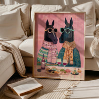 Horses Wine Party Wall Art Print, Quirky Animal Poster, Retro Dining Room Kitchen Decor