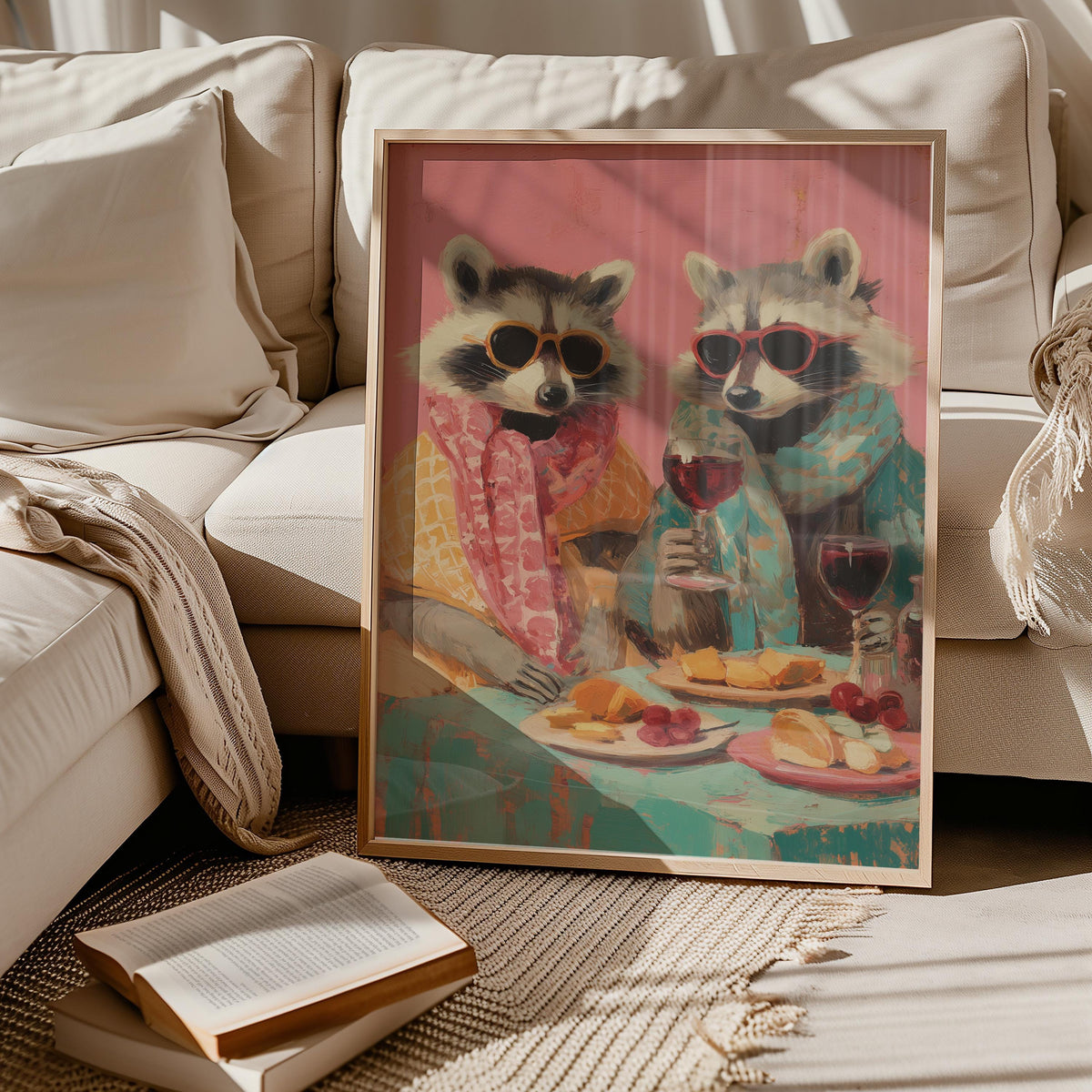 Raccoons Wine Party Wall Art Print, Quirky Animal Poster, Retro Dining Room Kitchen Decor