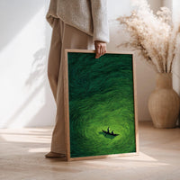 Green Abstract Boat Wall Art, Japanese Minimalist Ocean Painting, Japandi Zen Landscape Print Decor