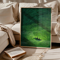 Green Abstract Boat Wall Art, Japanese Minimalist Ocean Painting, Japandi Zen Landscape Print Decor