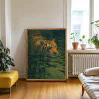 Tiger Swimming Wall Art, Japandi Print, Green Water Nature Japanese Landscape Painting Home Decor