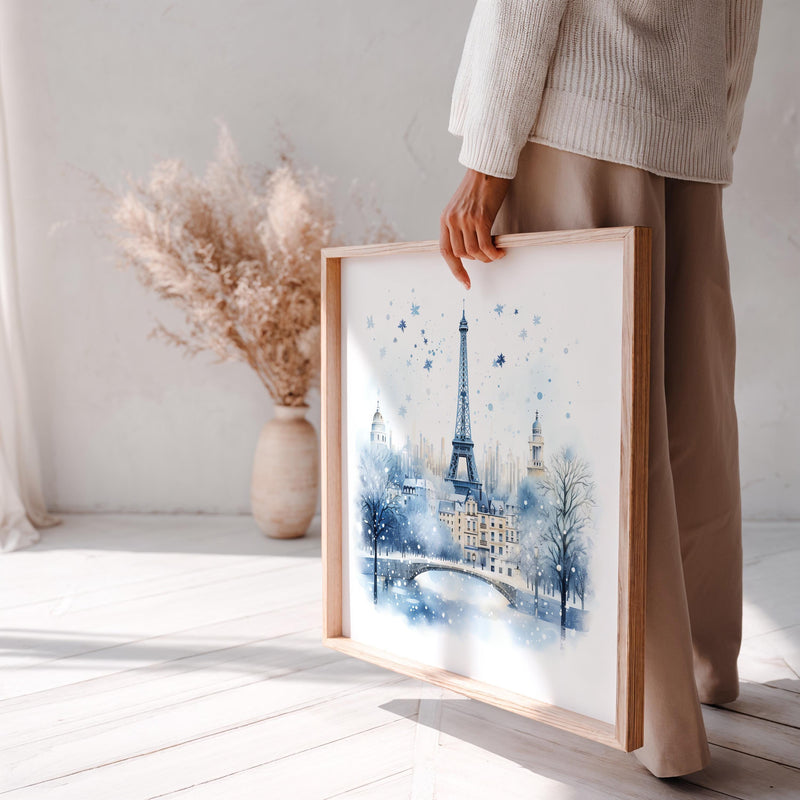 Paris Winter Wall Art Watercolor Poster, France Large Size Print Home Decor