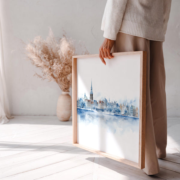 Copenhagen Winter Wall Art Watercolor Poster, Denmark Large Size Print Home Decor
