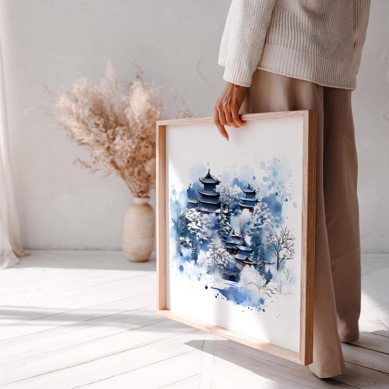 Tokyo Winter Wall Art Watercolor Poster, Japan Large Size Print Japanese Home Decor
