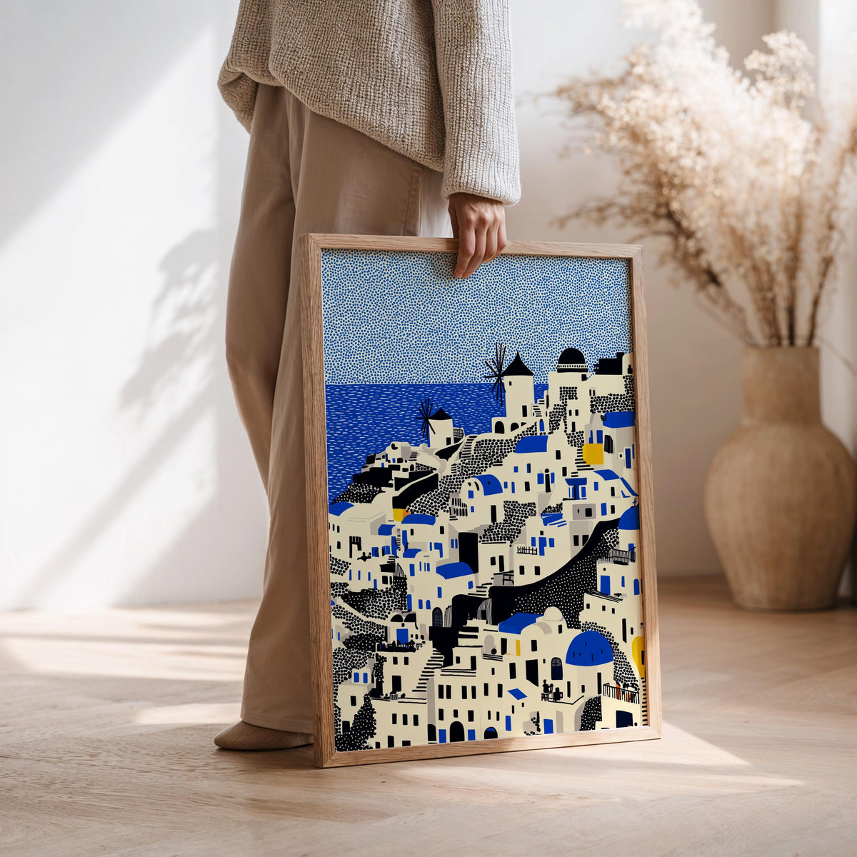 Santorini Wall Art Print, Pop Art Modern Greece Large Size Poster Travel Gift Canvas