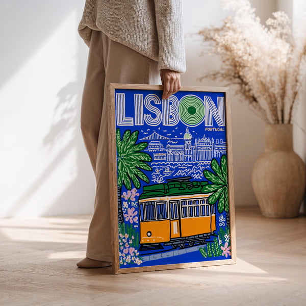 Lisbon Mid Century Wall Art, Print Canvas Portugal Travel Poster Retro Vintage Home Decor