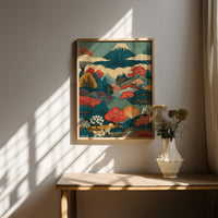 Mount Fuji Wall Art, Modern Japanese Landscape Painting, Colorful Canvas Print, Ukiyo-e Japandi Style