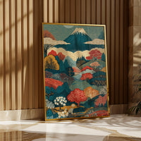 Mount Fuji Wall Art, Modern Japanese Landscape Painting, Colorful Canvas Print, Ukiyo-e Japandi Style