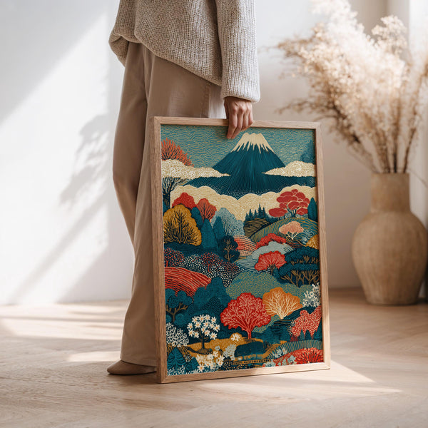 Mount Fuji Wall Art, Modern Japanese Landscape Painting, Colorful Canvas Print, Ukiyo-e Japandi Style
