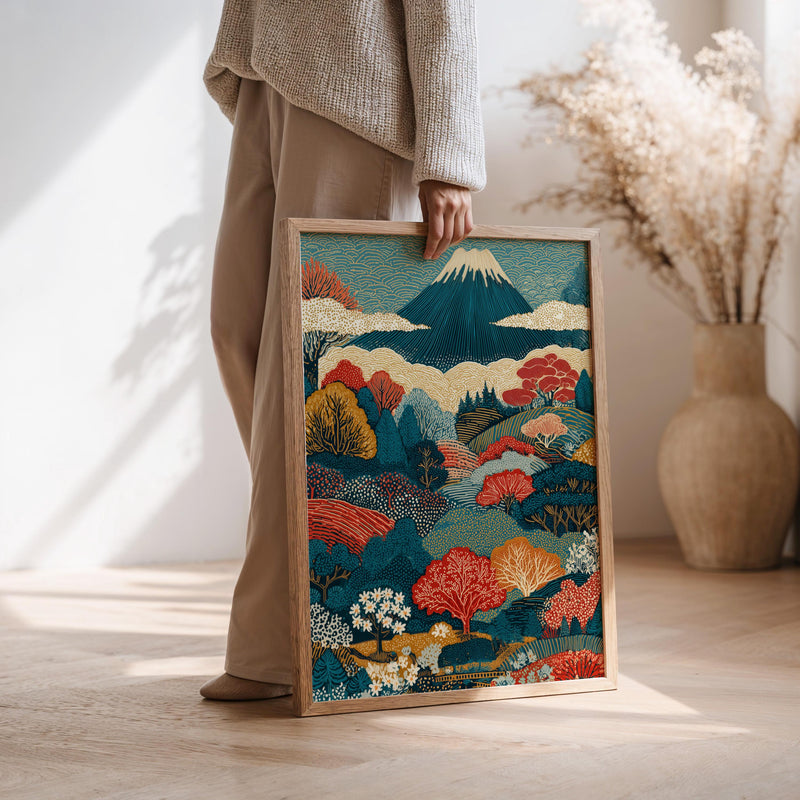 Mount Fuji Wall Art, Modern Japanese Landscape Painting, Colorful Canvas Print, Ukiyo-e Japandi Style