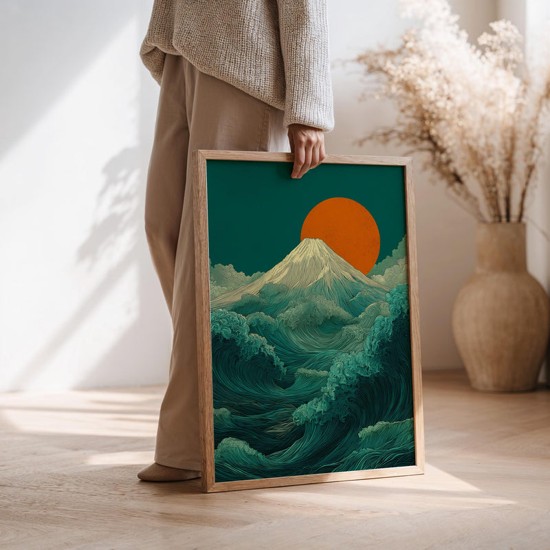 Emerald Waves of Fuji Wall Art, Japanese Ukiyo-e Print on Wood, Ocean Landscape Print